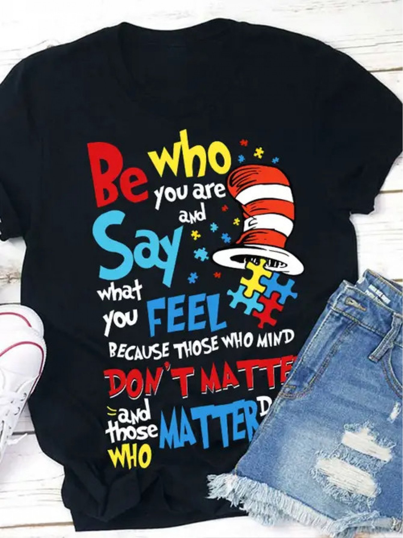 00268d62ea8e498caf35aa2b610f5be8-goods.jpeg Plus Size, Women's Plus Size 0XL-4XL Loose Fit Casual Crew Neck T-Shirt - "Be Who You Are Say What You Feel" Motivational Quote with Colorful Geometric Patterns & Playful Graphics, Machine Washable Summer Top, Ladies T Shirts, Everyday Comfort Wear, Playful Design Shirt, Medium Stretch Fabric, Comfortable Clothing, Durable Construction, Oversized Shirt, Trendy Ladies - Image 1