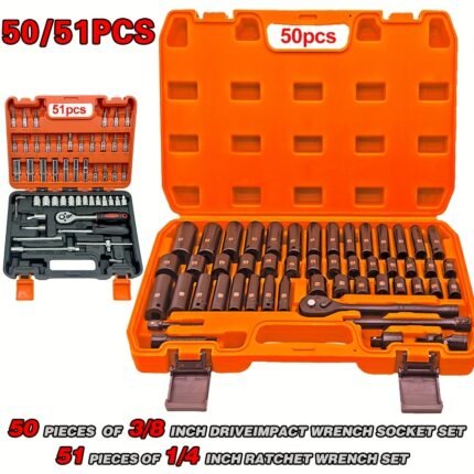 50pcs, 72-tooth, 3/8-inch Metric Socket Set/ 51pcs, 24-tooth, 1/4-inch Metric Socket Set Are Perfect For Automotive Repair, Mechanical Maintenance, And DIY Projects. Essential Tools For Professional Repair Technicians And DIY Enthusiasts.