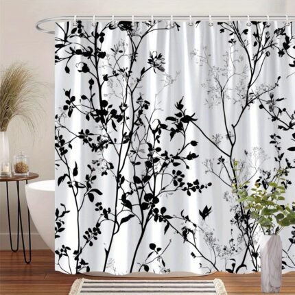 1pc Elegant Black and White Botanical Shower Curtain - Intricate Branches & Flowers Design, Stylish Polyester Bathroom Decor with 12 Hooks, 70x70 Inches, Machine Washable, Minimalist Elegant Style for Modern Bathrooms, Elegant Shower Curtain, Smooth Texture Fabric
