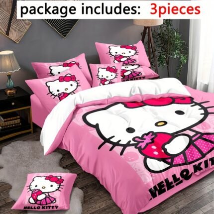 3pcs Cartoon Anime Kitty Strawberry Katie Pattern Duvet Cover Set - Soft Comfortable Bedroom, Guest Room and Dorm Decor Bedding Set with 1 Duvet Cover + 2 Pillowcases