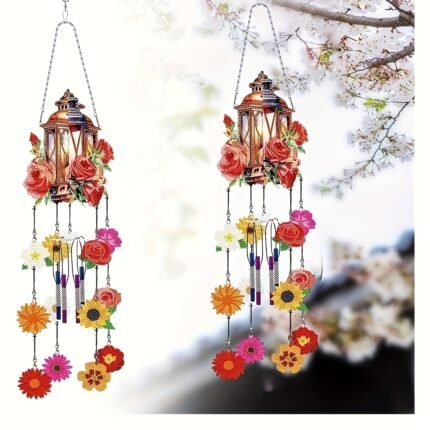 DIY 1pc 5D Diamond Wind Chime Set - Retro Lantern and Flower Pendant Design, Double sided Acrylic Handicraft Set, Suitable for Home Decoration and Sun Catcher