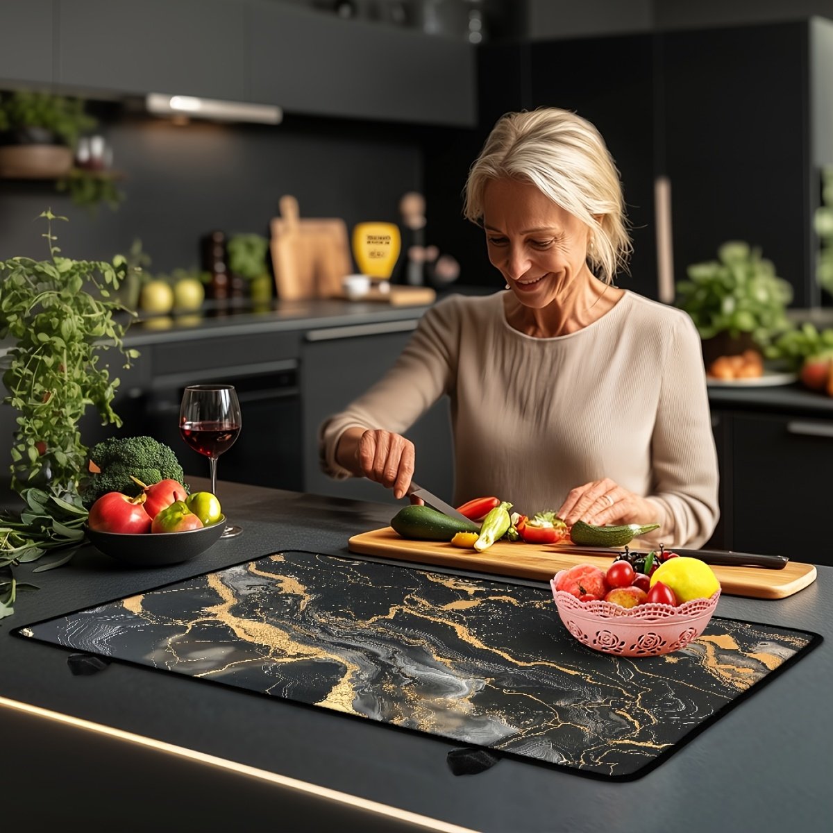 01f32729-f488-497a-8e46-fc887b036180.jpg 1pc Large Non-Slip Heat-Resistant Rubber Mat with Black Marble & Golden Vein Design, Decorative Kitchen Trivet for Electric Stovetop Cooking, Stovetop Protection|Black Marble Design|Highquality Rubber - Image 1