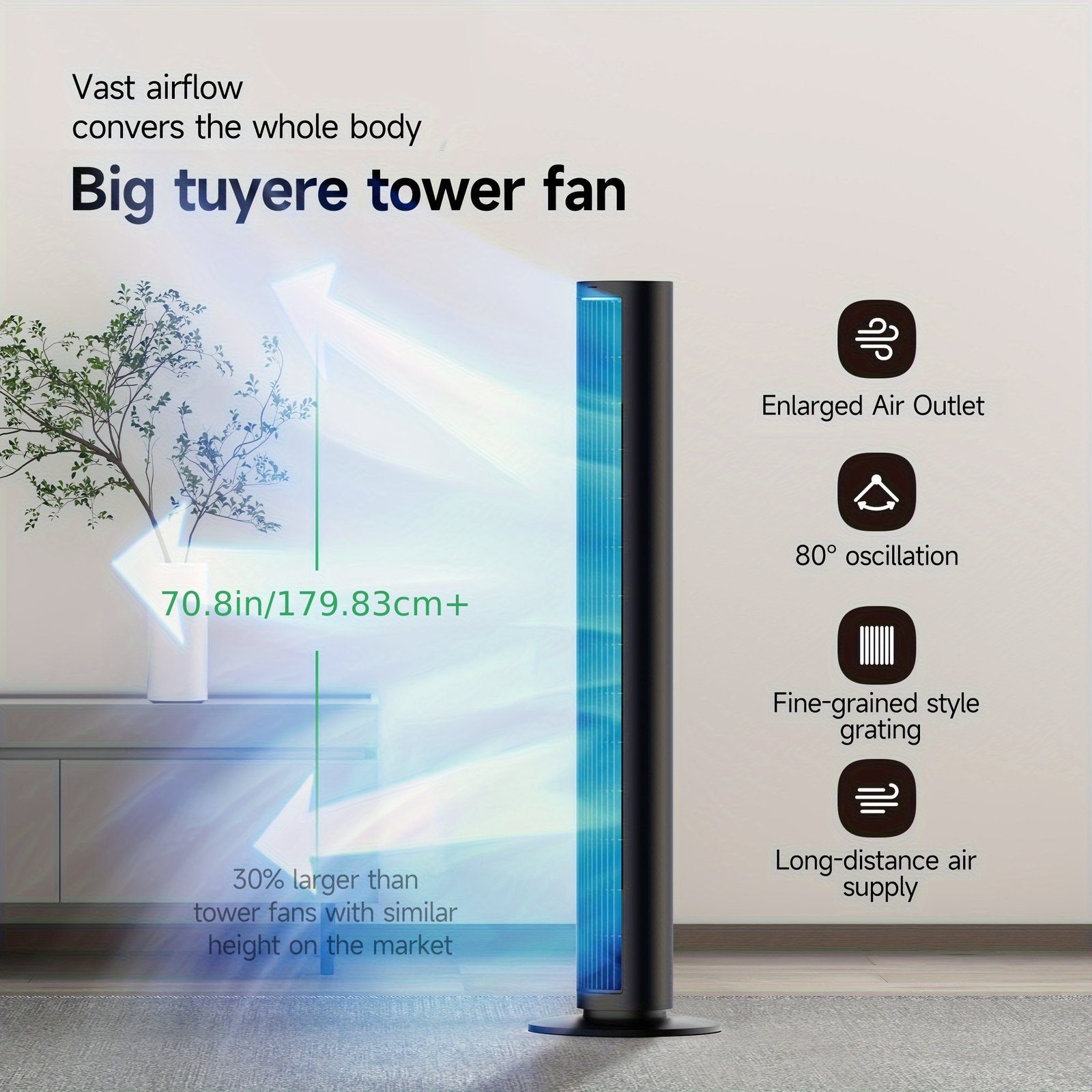 02b0f1d8-18f5-11f0-b8a1-0a580a632787.jpg Tower Fan for Home, 80° Oscillating Silent Bladeless Floor Fan with Remote, 4 Speeds, 40in Multiple Modes, 7-Hour Timer, LED Display Screen, Vertical Fan for Home, Living Room, Office, Black - Image 1