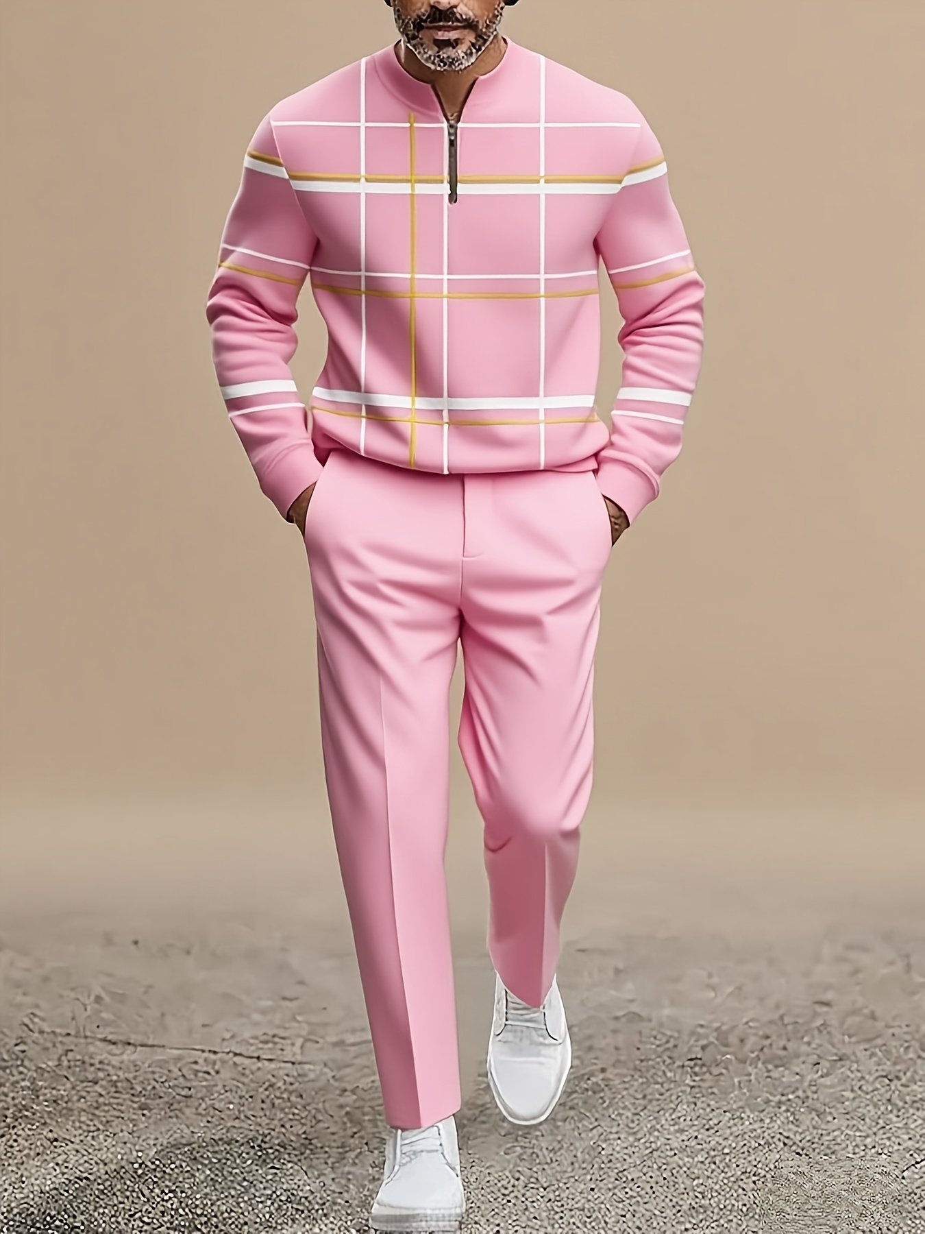 02da2286-33b4-42e5-a2c6-b8d770e2cf2c.jpg Men'S Lightweight Business Casual Sportswear | Plaid Top, Half Zipper | | Suitable for City Commuting, Office Leisure And Polished Comfort - Men'S Holiday Gifts Are Preferred for Parties, Parties And Other Scenes, Plus Size - Image 1