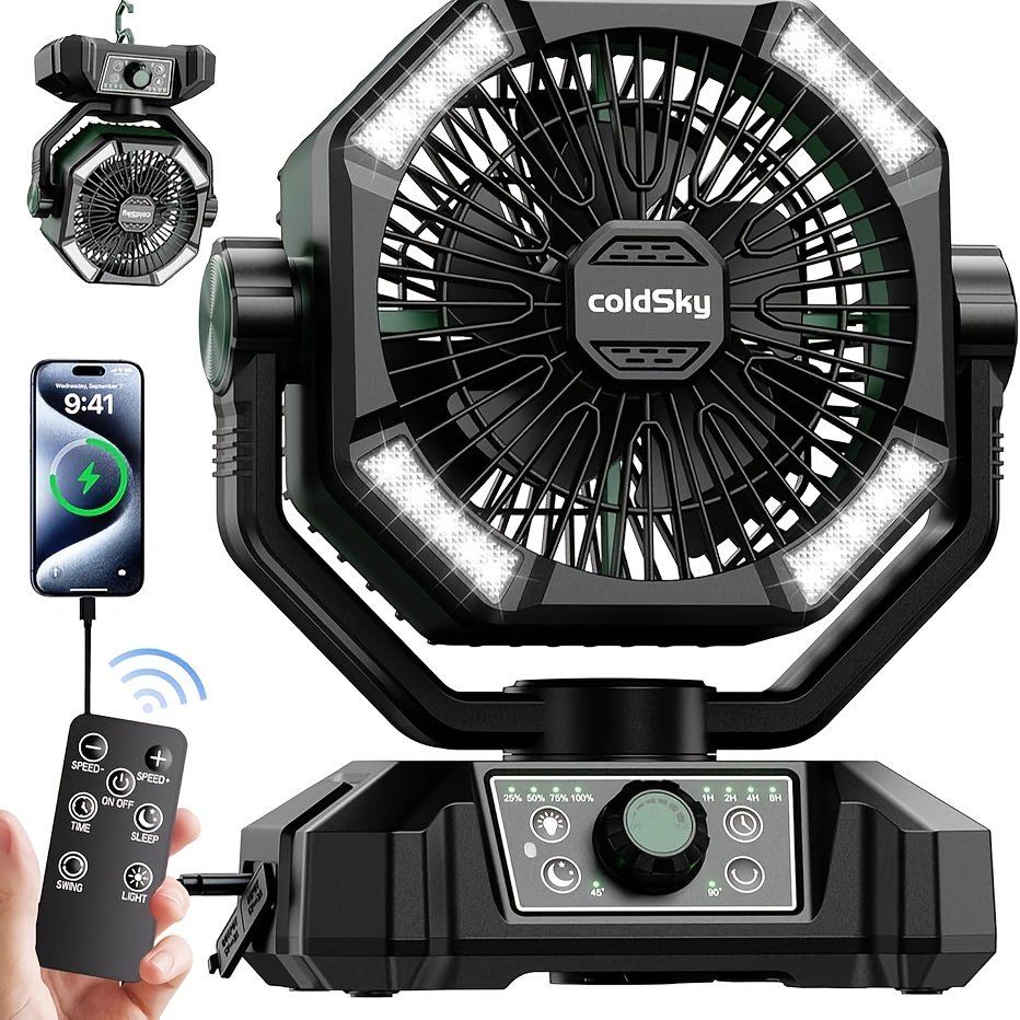 02ffd91e-cfc9-40ba-9859-343101dcefda.jpg 20000mAh Camping Fan With Dual Motor, Battery Operated Fan With 4 LED Lantern, 8 Speeds Desk Fan With Remote, Portable Outdoor Fan With Hook For Tent, Power Outages, Jobsite - Image 1