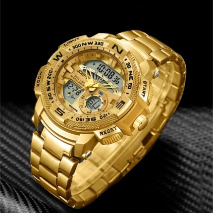 JOEFOX Men's Large Face Dual Display Analog & Digital Watch with Chronograph, 24Hr High Quality, Multi-Sensor Compass, Calendar, Alarm, Stopwatch - Luxury Sports Watch with LED Backlight, Golden-Tone Bezel, Quartz Movement for Diving, Aviation, Casual Attire - Ideal Christmas/Lunar New Year Gift for Men