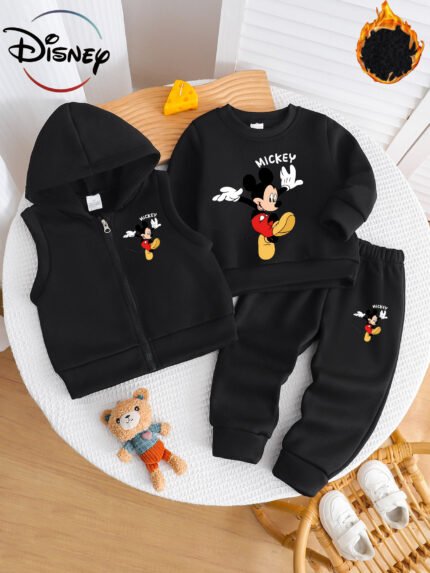 Disney Boys' Autumn/Winter New Three-Piece Set with Mickey Mouse Classic Cartoon Print Long-Sleeve Round Neck Hoodie and Zip-Up Sleeveless Top, Matching Printed Sweatpants - Fleece-Lined Thickened Warm Comfortable Outfit for Parties, Home Wear, Outdoor Activities, Perfect Gift Choice, Perfect for Outdoor