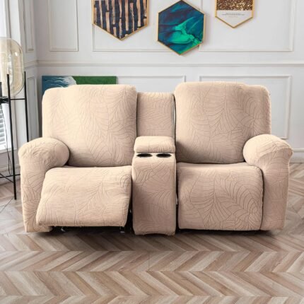6pcs/set Water Resistant Leaf Texture Jacquard Recliner Cover With Center Console Cover And Pocket, Spandex Soft Stretch Couch Covers Sofa Slipcover Recliner Slipcover, Removable Washable Recliner Protector For Living Room Home Decor