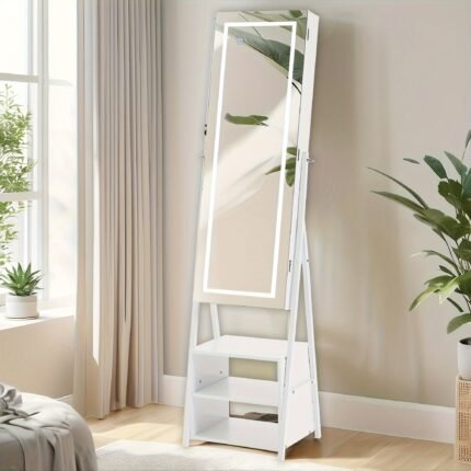 Modern White Wooden Jewelry Chest with Adjustable LED Light & Mirror, USB-Powered, 3 Shelves, Lockable Storage, Freestanding Design for Bedroom or Dressing Room, Bedroom Decor, Jewelry Armoires