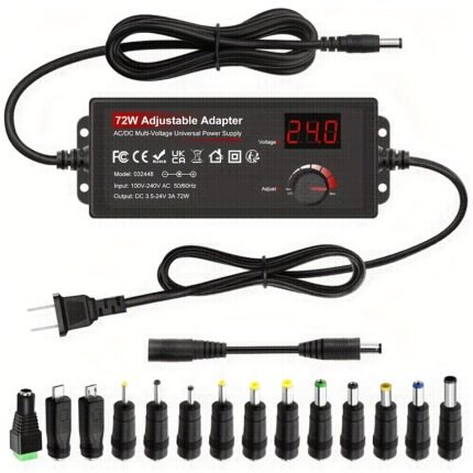 ALITOVE 72W Power Adapters, 100-240V AC To 3-24V DC Adjustable Power Supply, Knob Adjustable, With LCD Screen And Voltage Display, With Positive And Negative Adapter Cables, And 14 Different Types Of Adapters.