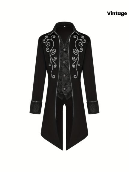 1pc Steampunk Vintage Tailcoat Coat for Men - Medieval Gothic Velvet Embroidery, Black with Intricate Patterns, Perfect for Victorian Frock Uniforms, Dancing Parties, and Halloween