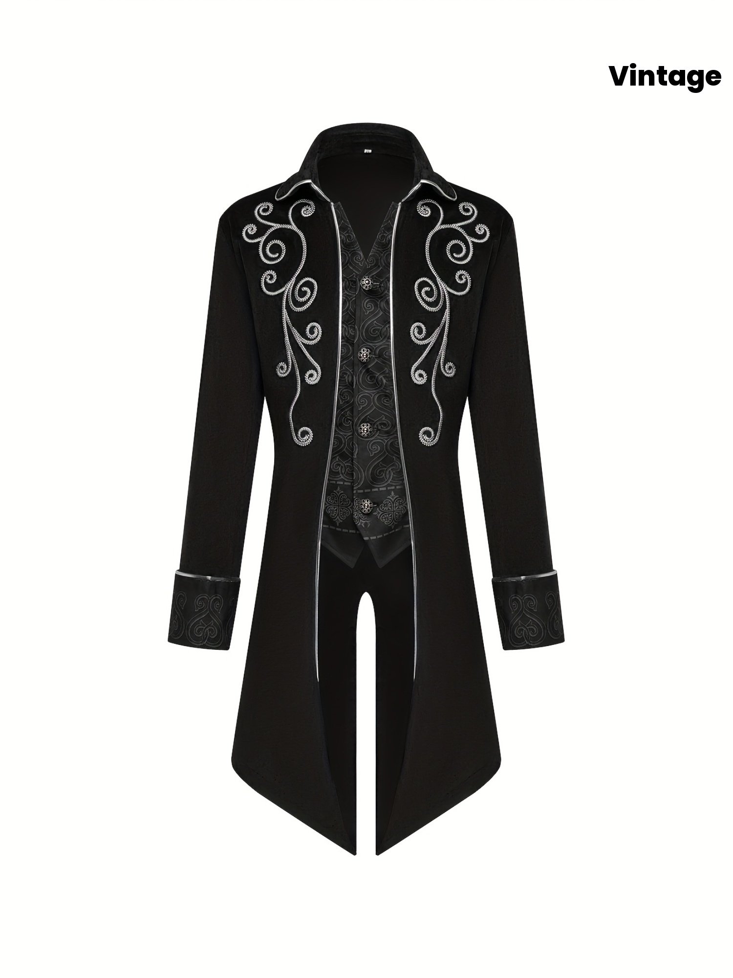 04dc593fd1b9033e77a2c012b732801b.jpg 1pc Steampunk Vintage Tailcoat Coat for Men - Medieval Gothic Velvet Embroidery, Black with Intricate Patterns, Perfect for Victorian Frock Uniforms, Dancing Parties, and Halloween - Image 1