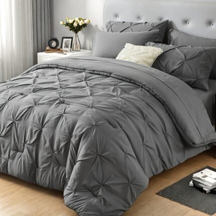 7pcs Fine Pleated Comforter Sets -Ultra-Soft Fluffy Fiber Filling, Warmth For All Seasons-Quilted Comforter, Flat Sheet, Fitted Sheet, Pillowcases, Pillow Shams, Bed In A Bag, Pumpkin Color Halloween Comforter Queen Size, Thick Comforter Set