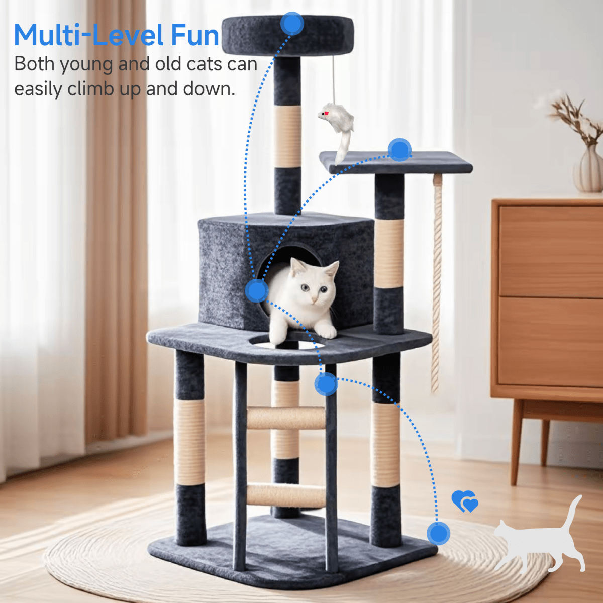 063d62b5d566ee63d596802eff119420.png 18"/46"/49" Compact Cat Tree Kitty Tower Kitten Condo House Furniture with Toys and Ladder for Indoor Cats - Image 1