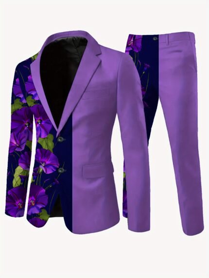 Purple Floral Men's Suit Casual High-end Iron-free Label Code Suit and Trousers
