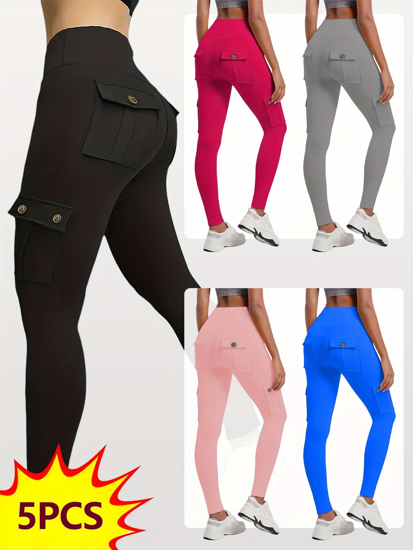 0693dec6-644b-46f2-97ff-b5926e15ef1d-1.jpg 5pcs Set Women's High-Waisted Yoga Leggings with Belt Pockets & Flap Pocket Design - Full-Length Workout Pants with Button Closure, Solid Colors (Black, Navy Blue, Gray, Pink, Red) - Comfortable Stretch Fabric for Running, Gym, Yoga - All-Season Athletic Leggings with Zip-Free Closure & Secure Storage - Ideal for Casual Attire & Exercise - Machine Washable & Dry Cleanable - Multi-Color Options Available, Yoga Pants for Women High Quality, Workout Clothes, - Image 1