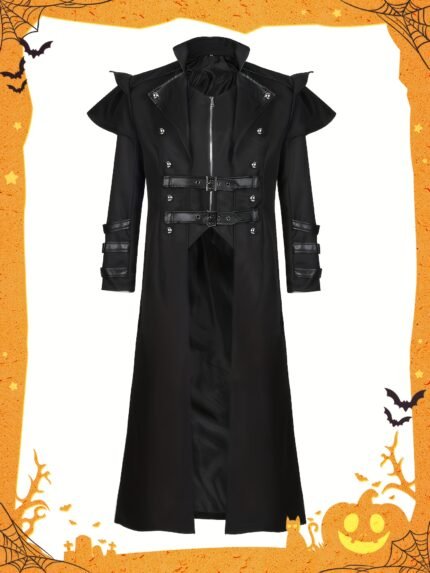 Men'S Medieval Renaissance Punk Gothic Costume Coat - Long Formal Renaissance faire, Halloween Party Outfit with Zip-Front Closure, Non-Stretch Fabric for Themed Events & Stage Performances - Vintage Gothic Attire, Retro Punk Style, Buttoned Sleeves