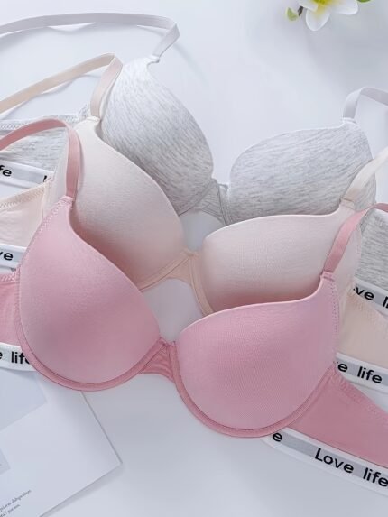 3pcs Ladies Elegant Gathered Bra-Comfortable And Breathable, Non-Perspective, Steel Ring Support, Seamless Knitted Fabric, Padded Underwear.