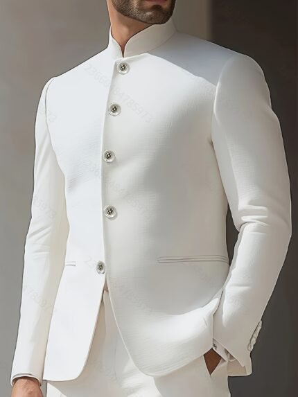 Men's Formal Suit Jacket - Elegant Business Coat with Stand-Up Collar & Front Buttons Closure, Machine Washable Notchless Design, All-Season Wedding, Office, Formal Event Jacket for Men - Classic H-Silhouette Tailored Fit, Sophisticated Detailing