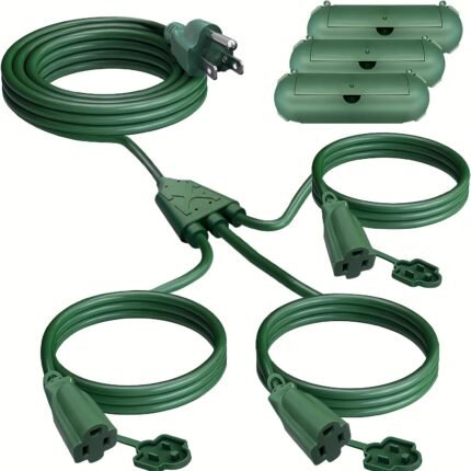 Heavy-Duty Extension Cord Splitter with 3 Outlets - 13ft/28ft/38ft (25ft/40ft/50ft Total) - 16/3 SJTW Wire, 3 Covers for Indoor/Outdoor Use - Ideal for Holiday Decorations, Christmas Lights, Power Strips - Green, Indoor Outdoor Power, Versatile Outlet Design, Durable Cable Construction, Home Wiring, Reinforced Wiring, DIY Enthusiasts