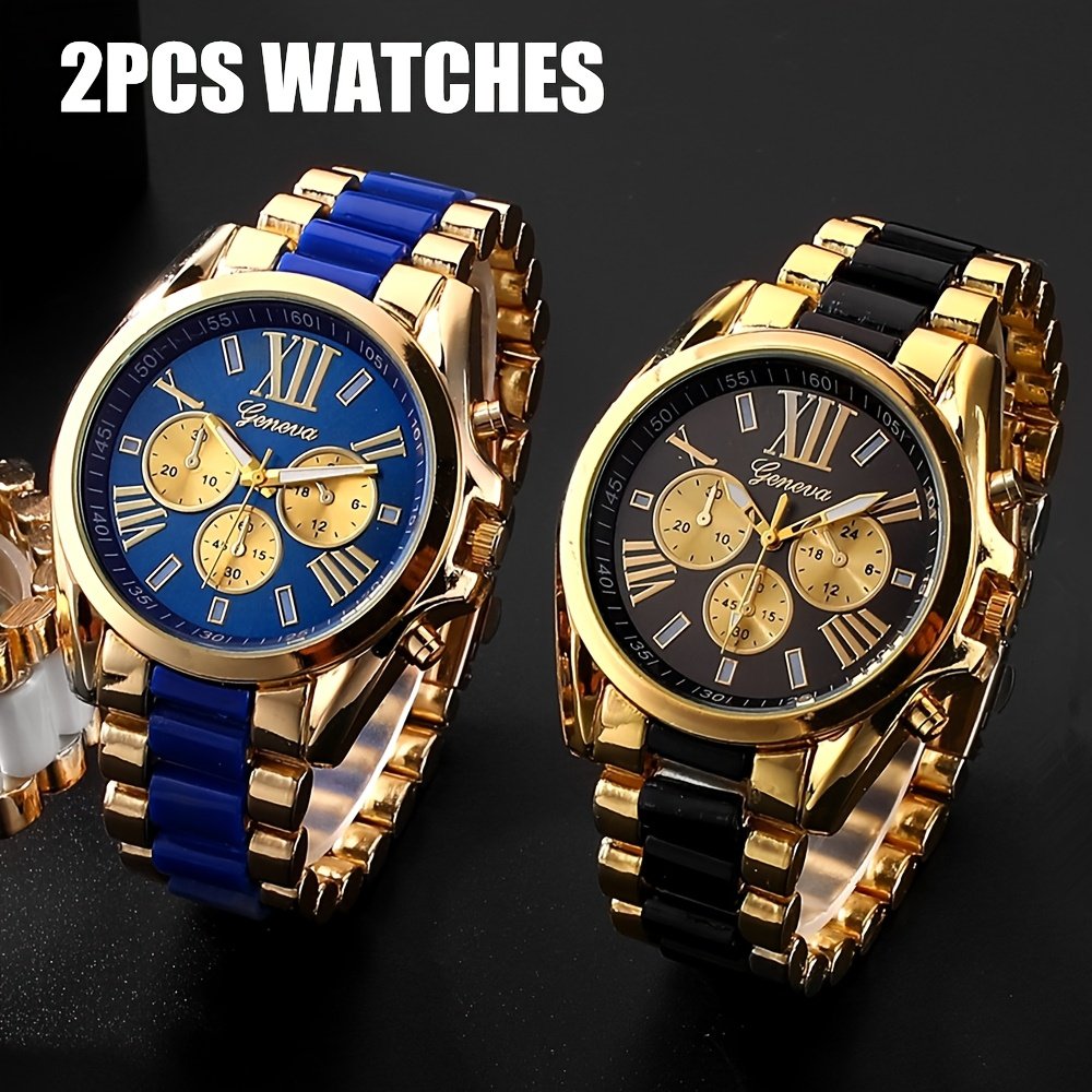 07fd0d6c-d159-468e-b97e-6502aeb6b149.jpg 2pcs/Set Men's Luxury Golden-Tone Retro Quartz Watch Roman Numerals - Elegant Casual Watches 2pcs (black + Blue), Classic Round Case for Casual & Formal Wear, Formal Wristwatch | Luxury Men's Clock - Image 1
