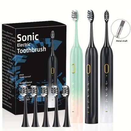 IPX8 Waterproof Sonic Electric Toothbrush with USB Charging, Couples with Replaceable Head Metal Shaft Electric Toothbrush for Adults, Men And Women, Smart Timer And 5 Replacement Brush Heads
