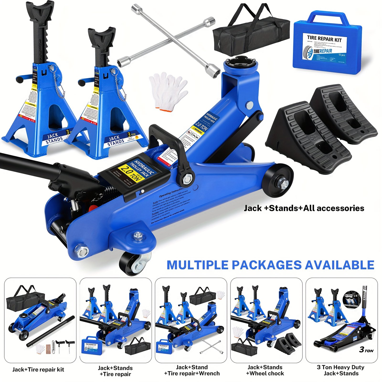 0855d111-0d7a-48e3-b767-c609cfb876b0-1.jpg 2/2.5/3 Ton Capacity Floor Car Jack Low Profile Garage Hydraulic Trolley Service Lift Floor Jack Combo with With 2 Ratchet 3 Ton Jack Stands, Tire Repair Kit, 14-inch Wheel Cross Wrench, Wheel Chock for SUV, Car And Truck, Gato Para Carro - Image 1