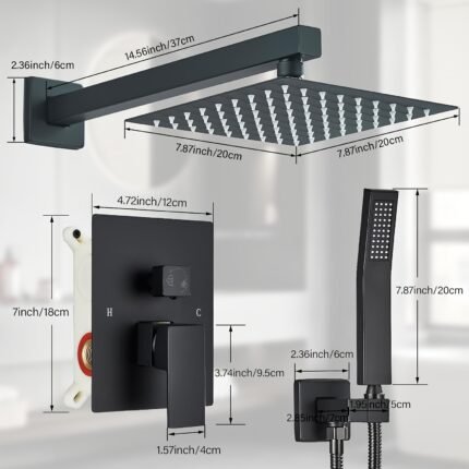 1set Shower System Combo Set, 8/10/12/16 Inch Square High Pressure Rain Shower Head, Bathroom Luxury Rainfall Shower Head With Handheld Sprayer, Wall Mounted, Rough-in Valve Body And Trim, Matte Black, Perfect For Home Decor & Gift