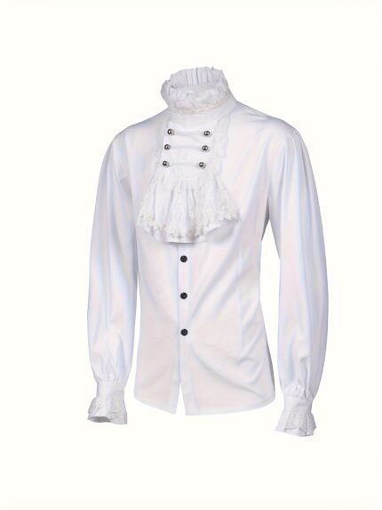 Men's Vintage 18th Century Ruffled Collar Shirt - White Lace-like Ruffled Front, Pointed Collar & Button Front Closure, Machine Washable Period Costume Shirt for Renaissance Fairs, Themed Parties & Casual Attire - Non-Stretch Fabric, Ruffled Cuff Sleeves, Solid Color, Button-Up Front, Structured Fit, Historical Style, Suitable for Men's Formal Attire
