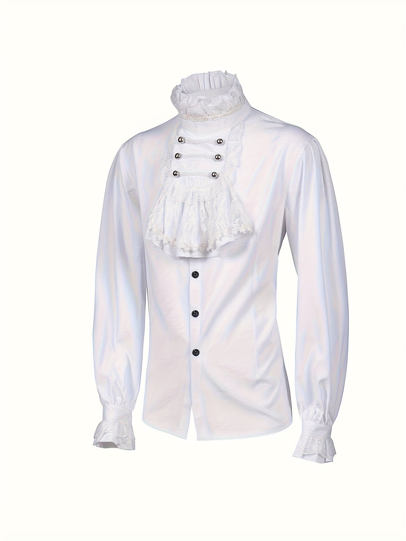 0882390b-926d-4acc-9830-2c792f816a66.jpg Men's Vintage 18th Century Ruffled Collar Shirt - White Lace-like Ruffled Front, Pointed Collar & Button Front Closure, Machine Washable Period Costume Shirt for Renaissance Fairs, Themed Parties & Casual Attire - Non-Stretch Fabric, Ruffled Cuff Sleeves, Solid Color, Button-Up Front, Structured Fit, Historical Style, Suitable for Men's Formal Attire - Image 1