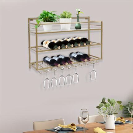 Golden Wine Rack Wall Mounted Hanging Shelf Wine Display Organizer With Glass Holder