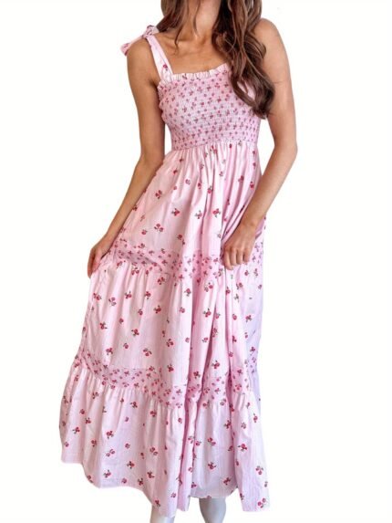 Women Slip Dress, Sleeveless Tie-up Floral Dress Summer Long Swing Dress for Daily Party