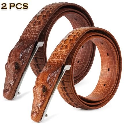 2-Pack Men'S Crocodile Pattern Design Belt, Crocodile Leather Embossed Belt, Two-Layer Cowhide Belt, Unique Design, Leisure Style, Imitation Animal Crocodile Head Belt Buckle, Holiday Accessories
