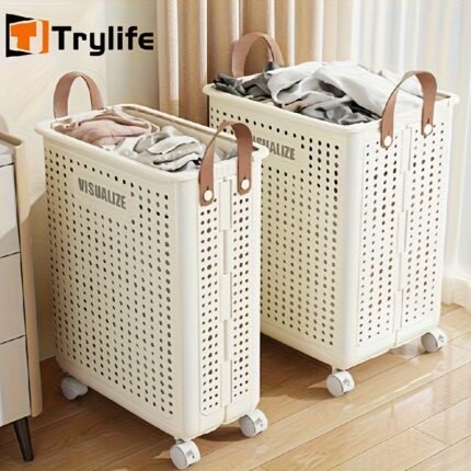 12/17/20Gal Large Foldable Laundry Basket With Wheels, Faux Leather Hamper Without Lid, Hand Washable Storage For Bathroom Bedroom (Multiple Sizes Avaiable), Laundry Baskets