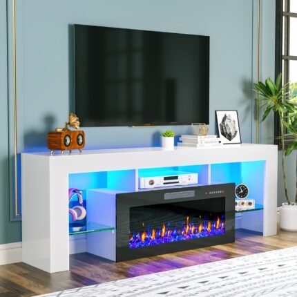 70" Modern TV Stand with 36" Electric Fireplace & LED - High-Gloss Black Entertainment Center, Glass Door Storage Cabinet, Electric Firebox with Realistic Flames, Compatible with up to 75" TVs, Space-Saving Design for  Living Rooms, Easy Assembly, Stands Alone (No Wall-Mount Required) - Ideal for Large TVs & Gaming Setups, 192 LED Colors & Heat Settings, Tv Unit For Living Room, Fireplace Tv Stand, Tv Stand With Fireplace, Tv Stand For Bedroom, Floating Tv Stand,