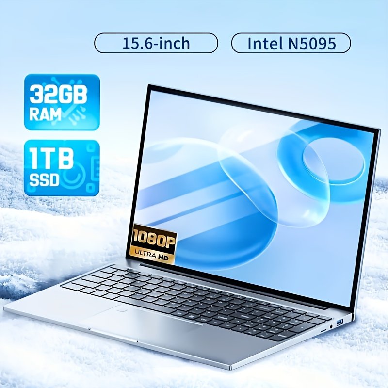 0a472196-4c2e-47dc-991e-40de159dfd55.jpg 2025 Latest Laptop 15.6'', 1 TB SSD 32GB Dual-Channel RAM, Intel N5095 Processor (up to 2.9GHz), 1080P Full HD Display, Backlit Keyboard, Fingerprint Recognition, Webcam, USB 3.0, WiFi, Latest Laptop, Mini Laptop, Student Laptop, Work From Home, Portable Computer, Sleek Design, Sturdy Laptop, Reliable Construction, Fast Laptop, Powerful Laptop, Business Professionals, College Students - Image 1