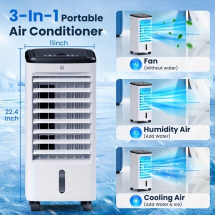 Portable Windowless Air Conditioners With Remote, 3-in-1 Swamp Cooler With 4 Ice Packs, 3 Speeds 3 Modes, Evaporative Air Cooler, 120°Oscillation, 12H Timer, Cooling Fan For Bedroom, Home, Office