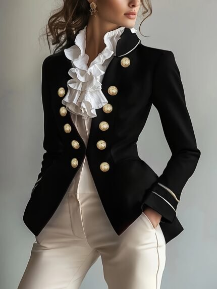 Elegant Vintage-Style Women'S Double-Breasted Blazer - Chic Solid Color Suit Jacket with Pockets, Long Sleeves, Polyester, Ideal for Spring/Fall, Casual Wear Jacket|Sophisticated Design|Polyester Jacket