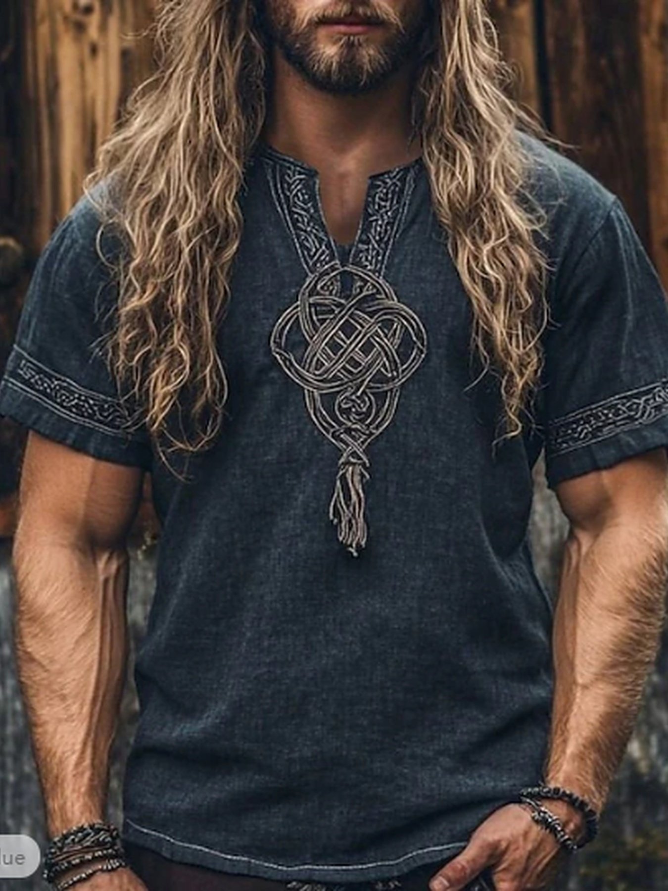 0b6fefdb75d24299a6916078e30b5fc2-goods.jpeg Men's Retro Ethnic Short Sleeve Top - Dark Gray Celtic Knot Embroidery with Tassel Detail, Breathable Summer Shirt for Folk Festivals & Outdoor Activities, Machine Washable Casual Cultural Apparel - Image 1