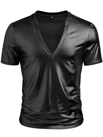 Men's Slim Fit Matte Black V-Neck T-Shirt - Soft Stretch Fabric, Sexy Casual & Party Short Sleeve Top for Spring/Summer, Machine Washable, Evening Wear | Sleek Design | Comfortable Fit