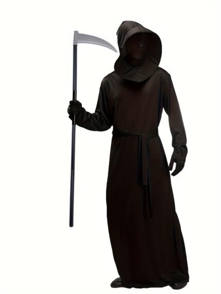 Adult Men's Halloween Party Wear, Solid Black Scary Grim Reaper Costume With Hooded Cloak, Gloves, Scythe Prop