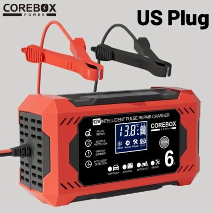 COREBOX 12V 6A Smart Battery Charger & Maintainer with LCD Display - US Plug, 110-130V Power Supply, for Car, Truck, Motorcycle, Lawn Mower, Marine Lead Acid Batteries, Trickle Charge & Desulfator, Battery Charger for Vehicles, Without Battery