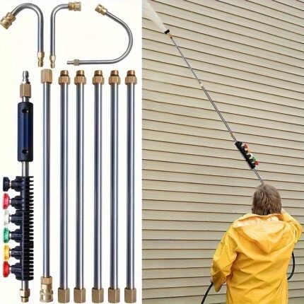 A Set of 10 Pressure Washer Extension Rods, 1/ 4 Quick Connection Electric Washer Spray Gun, with 6 Nozzle Tips, 30°, 90°, 120° Gutter Cleaning Arc Rods, 4000 PSI for Roof Gutters, Exterior Walls