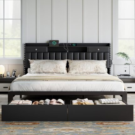 TryLazy Furniture Tri-Color Upholstered Bed Frame Full/Queen/King With 4 Drawers And Charging Station, No Mattress, NO Noise, No Box Spring Needed