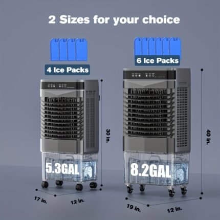 2800CFM Portable Evaporative Air Cooler with 6 Ice Packs, 3-Speed Oscillation, 12H Timer & 8, 2Gal Water Tank - 120° Wide Coverage for Indoor/Outdoor Use in Bedroom, Office, Garage, Portable Evaporative Cooler, Office Cooling, Modern Aesthetic, Durable Construction