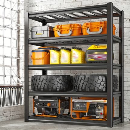REIBII 3000LBS Heavy Duty Garage Shelving Unit - 72" H Adjustable 5-Tier Metal Storage Shelves, 600LB Capacity Per Tier, Easy 10-Min Assembly with Mallet & Gloves, Industrial Floor-Standing Rack for Garage, Basement, Pantry, Warehouse, Commercial Use, Shelves for Garage, Warehouse Organization, Open Grid Design, Sturdy Metal Construction, Basement Organization, Reinforced Frame, Retail Shelving, Storage Racks