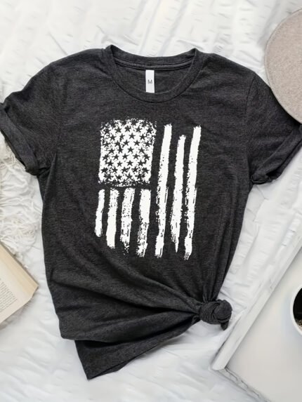 Plus Size - Women'S Plus Size Patriotic American Flag Print T-Shirt, Casual Round Neck Short Sleeve Top, Soft Blend, Black with White Distressed Design, Machine Washable, American Flag Clothing