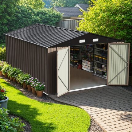 GUNJI Heavy-Duty 10x14FT Metal Garden Shed With Double Hinged Large DoorSecure Tool Sheds & Backyard Organization For Outdoor Storage Solutions, Patio Storage, Garbage Can, Chicken Coop