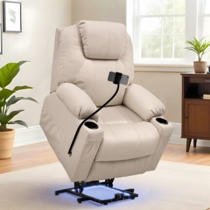 Luxurious PU Leather Power Lift Recliner Chair with Massage, Heat, LED Lighting & Phone Holder- Perfect for Elderly Comfort. Features Extended Footrest, Cup Holders & Side Pockets, Black/ White