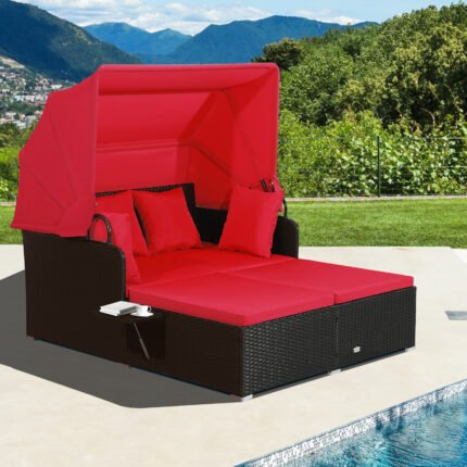 LIFEZEAL Extra Large Daybed with Retractable Canopy & Storage Side Tables - Heavy-Duty Metal Frame, Red/Black Patio Furniture, Cushions Included - All-Weather PE Wicker for Deck, Backyard, Poolside - Easy Assembly Required, Lounge Furniture, Lounge Suite Furniture, Garden Furniture, Balcony Furniture, Sofa Lounge, Couches, Lounge Sofa, Lounges And Sofas, Lounge, Lounges
